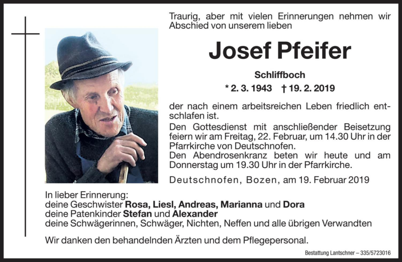  Traueranzeige für Josef Pfeifer vom 20.02.2019 aus Dolomiten