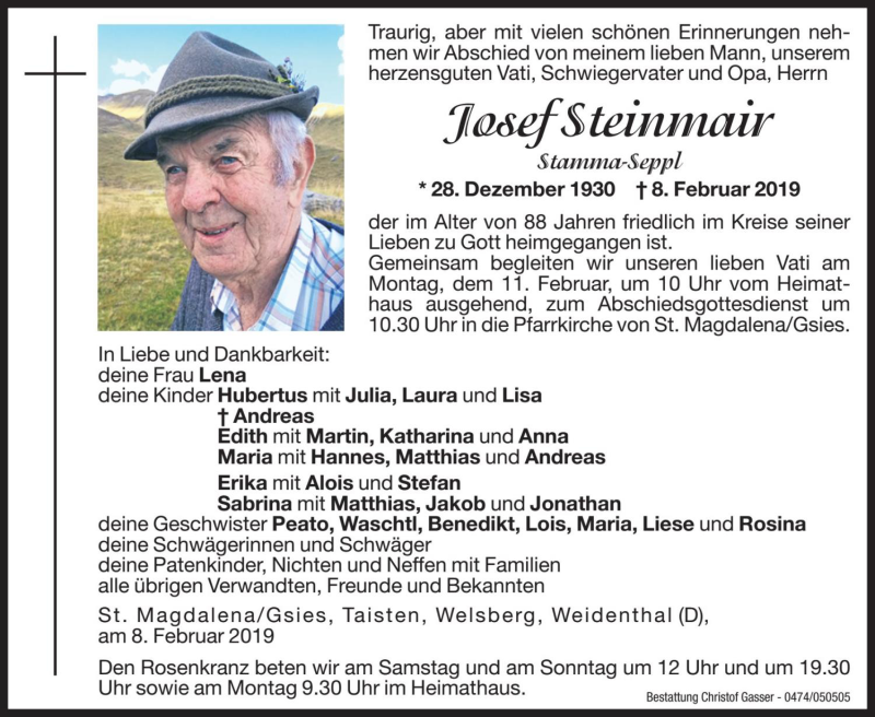  Traueranzeige für Josef Steinmair vom 09.02.2019 aus Dolomiten