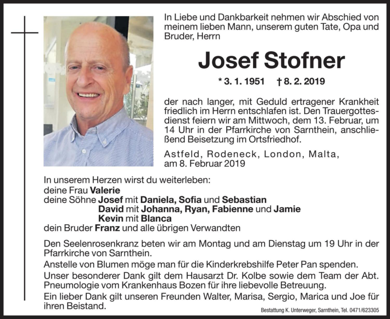  Traueranzeige für Josef Stofner vom 11.02.2019 aus Dolomiten