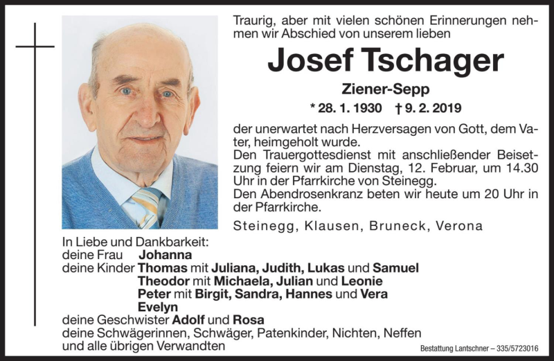  Traueranzeige für Josef Tschager vom 11.02.2019 aus Dolomiten