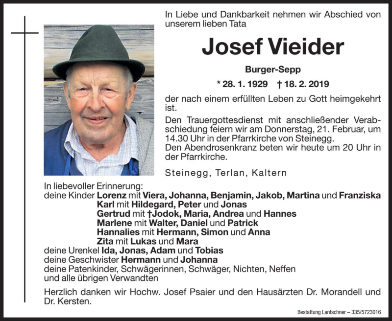  Traueranzeige für Josef Vieider vom 20.02.2019 aus Dolomiten