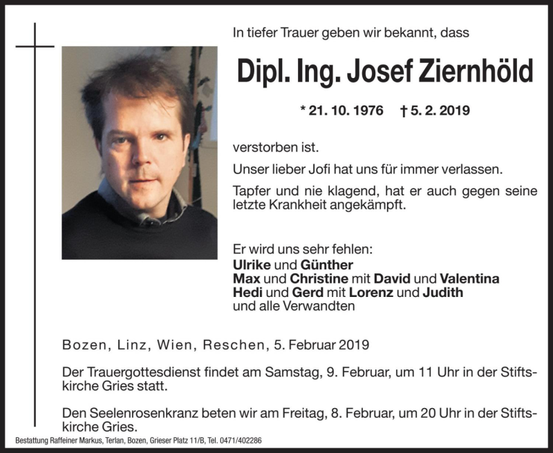  Traueranzeige für Josef Ziernhöld vom 06.02.2019 aus Dolomiten