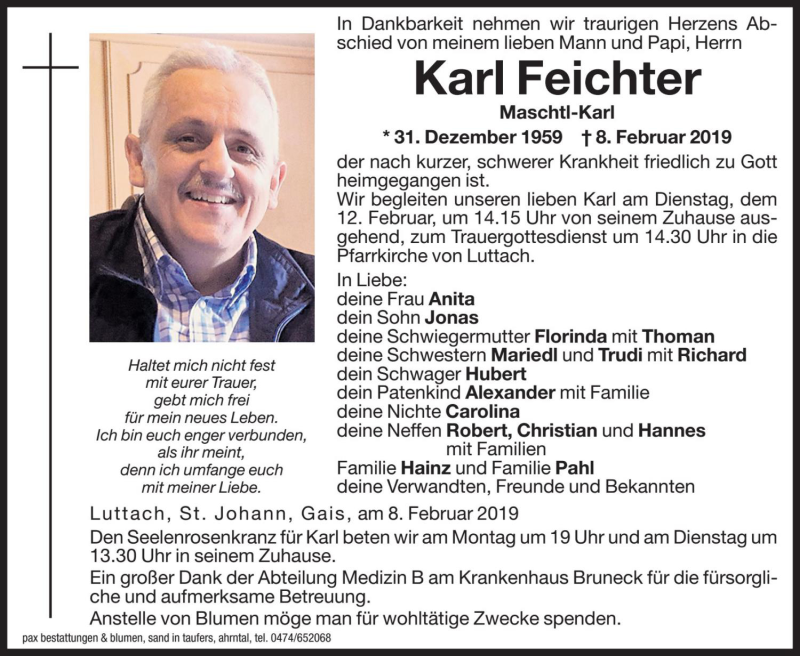  Traueranzeige für Karl Feichter vom 11.02.2019 aus Dolomiten
