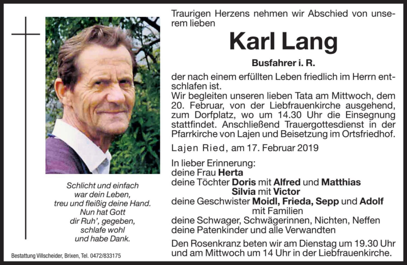  Traueranzeige für Karl Lang vom 19.02.2019 aus Dolomiten