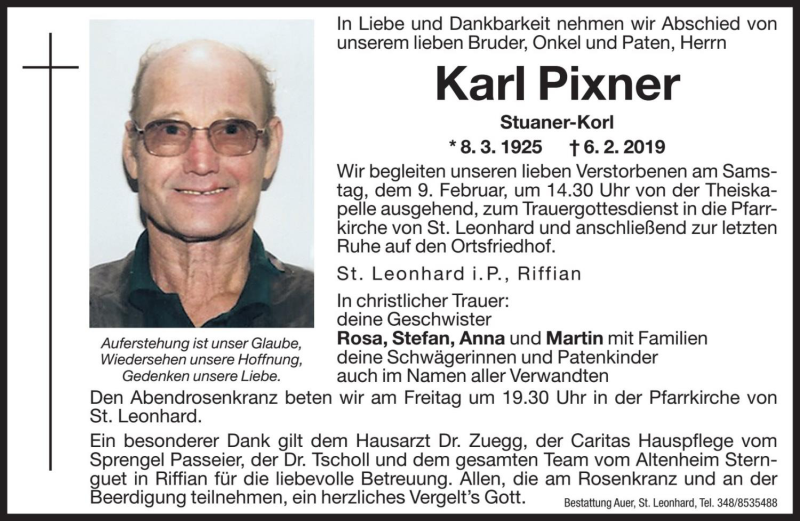  Traueranzeige für Karl Pixner vom 08.02.2019 aus Dolomiten