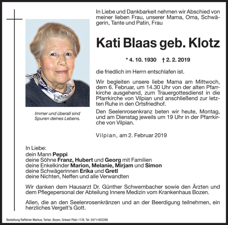  Traueranzeige für Kati Blaas vom 04.02.2019 aus Dolomiten
