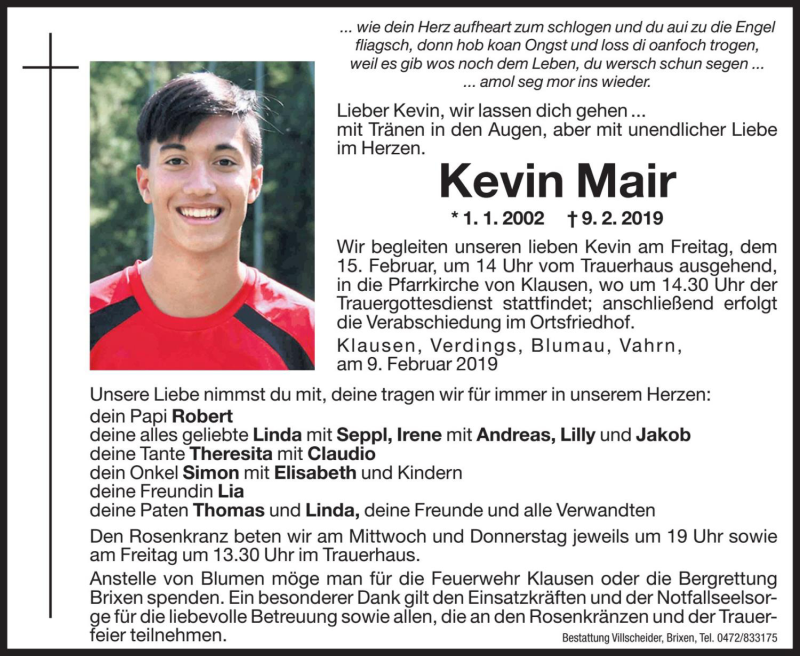  Traueranzeige für Kevin Mair vom 13.02.2019 aus Dolomiten