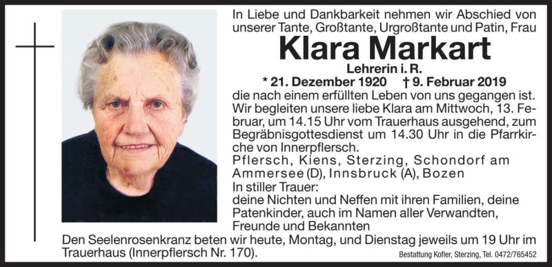  Traueranzeige für Klara Markart vom 11.02.2019 aus Dolomiten