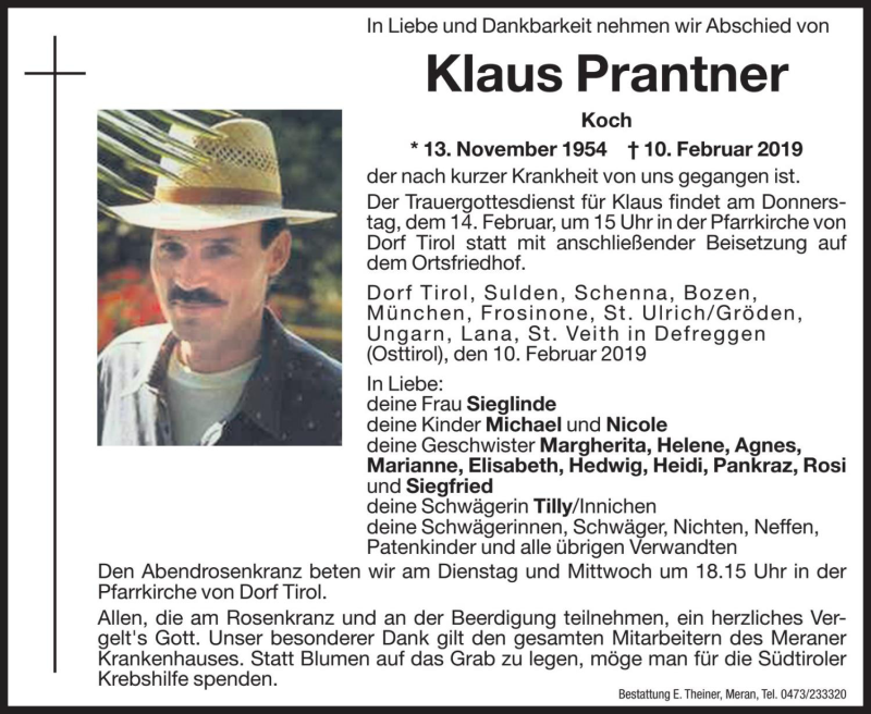  Traueranzeige für Klaus Prantner vom 12.02.2019 aus Dolomiten