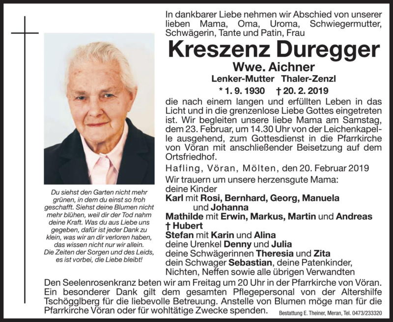  Traueranzeige für Kreszenz Aichner vom 22.02.2019 aus Dolomiten