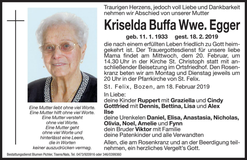  Traueranzeige für Kriselda Egger vom 19.02.2019 aus Dolomiten