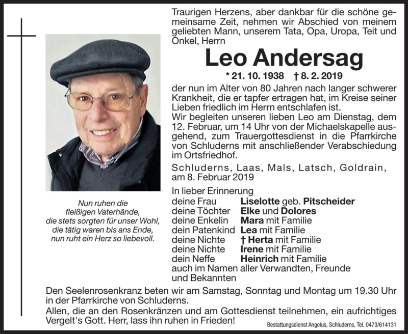  Traueranzeige für Leo Andersag vom 09.02.2019 aus Dolomiten