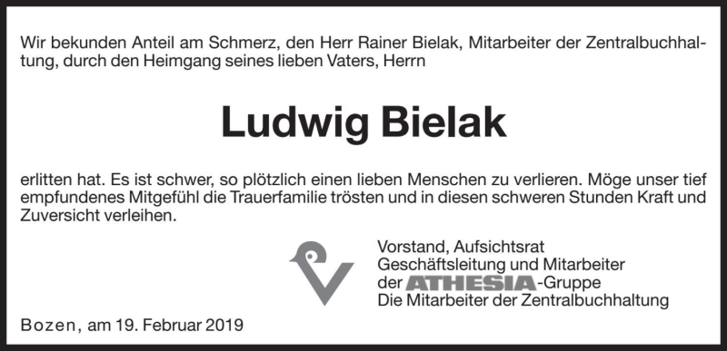  Traueranzeige für Ludwig Bielak vom 21.02.2019 aus Dolomiten