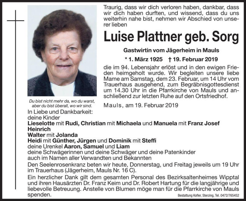 Traueranzeige für Luise Plattner vom 21.02.2019 aus Dolomiten