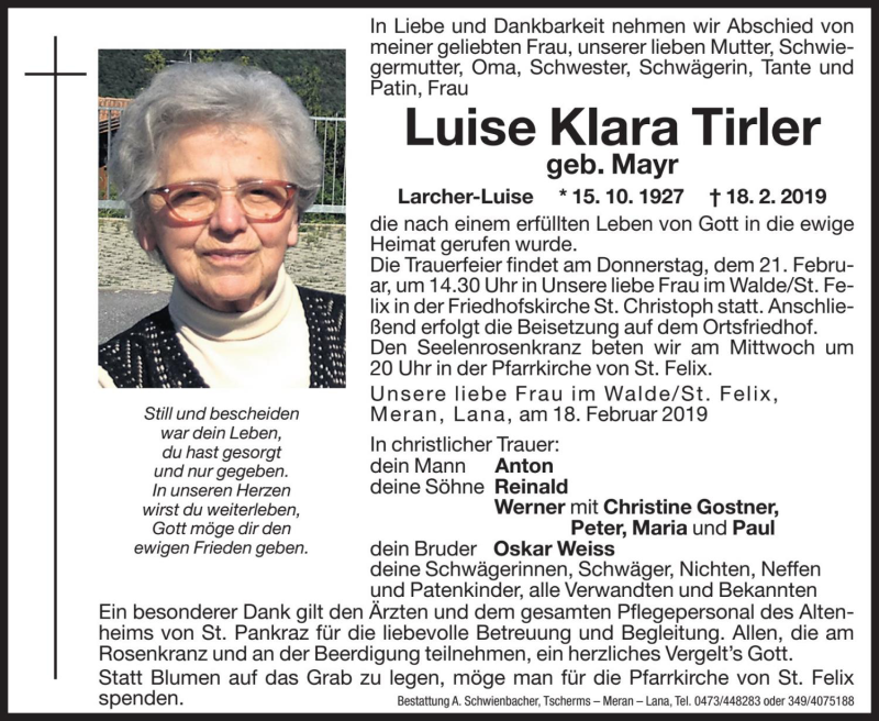  Traueranzeige für Luise Klara Tirler vom 19.02.2019 aus Dolomiten