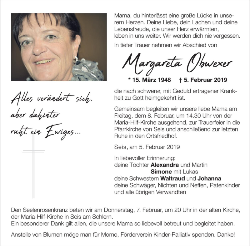  Traueranzeige für Margareta Obwexer vom 07.02.2019 aus Dolomiten