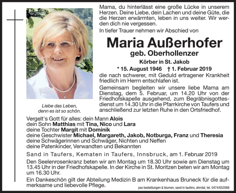  Traueranzeige für Maria Außerhofer vom 04.02.2019 aus Dolomiten