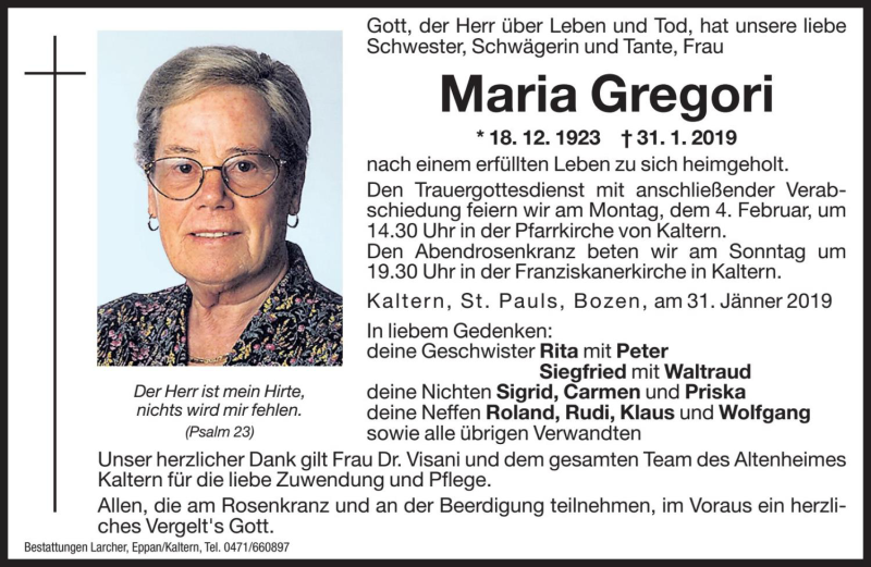  Traueranzeige für Maria Gregori vom 02.02.2019 aus Dolomiten