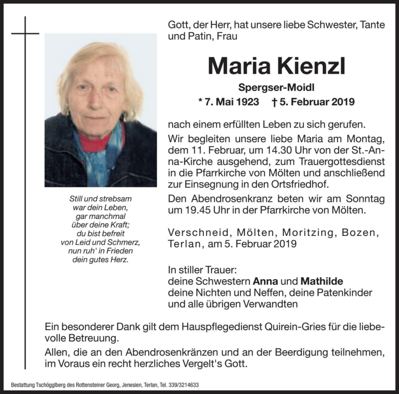  Traueranzeige für Maria Kienzl vom 09.02.2019 aus Dolomiten