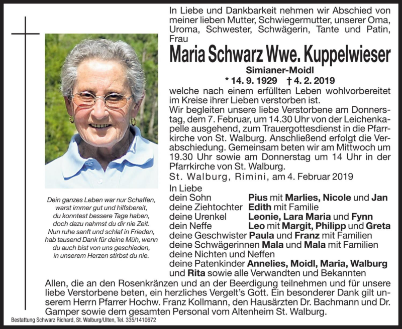  Traueranzeige für Maria Kuppelwieser vom 06.02.2019 aus Dolomiten