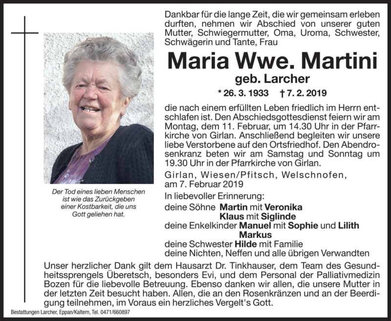  Traueranzeige für Maria Martini vom 08.02.2019 aus Dolomiten