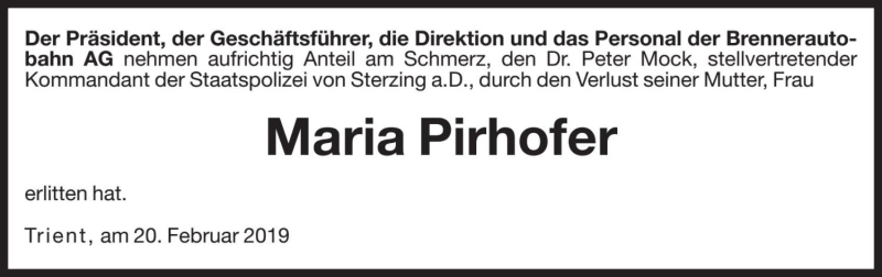  Traueranzeige für Maria Pirhofer vom 20.02.2019 aus Dolomiten