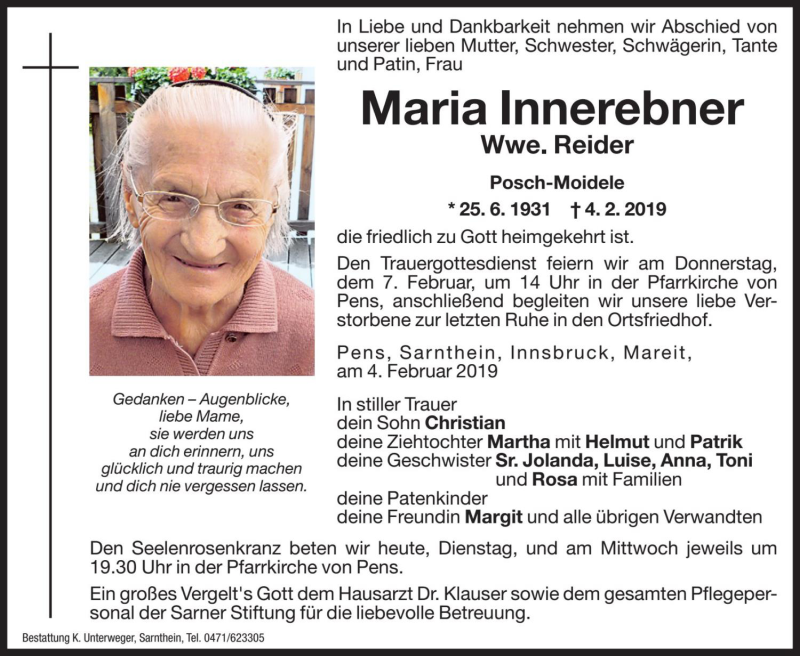  Traueranzeige für Maria Reider vom 05.02.2019 aus Dolomiten