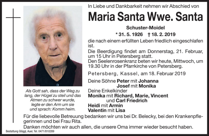  Traueranzeige für Maria Santa vom 20.02.2019 aus Dolomiten
