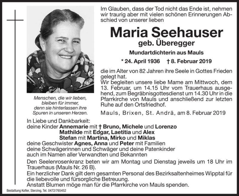  Traueranzeige für Maria Seehauser vom 11.02.2019 aus Dolomiten
