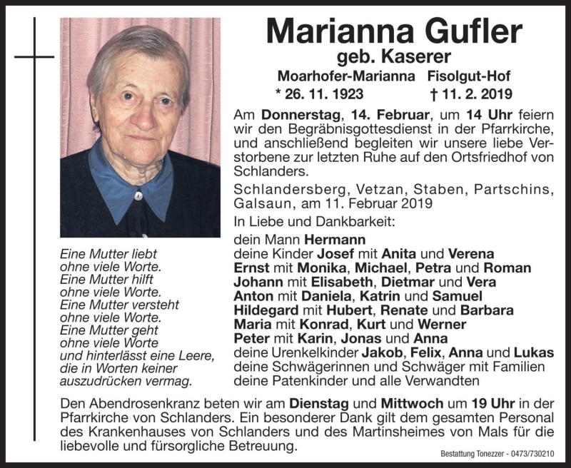  Traueranzeige für Marianna Gufler vom 12.02.2019 aus Dolomiten