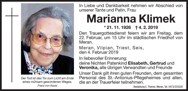  Traueranzeige für Marianna Klimek vom 19.02.2019 aus Dolomiten
