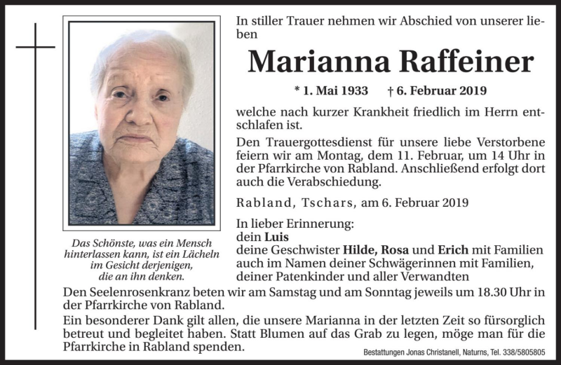 Traueranzeige für Marianna Raffeiner vom 09.02.2019 aus Dolomiten