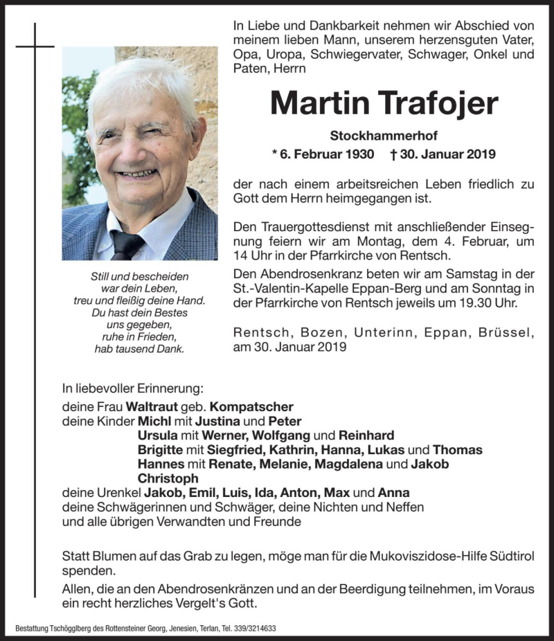  Traueranzeige für Martin Trafojer vom 01.02.2019 aus Dolomiten