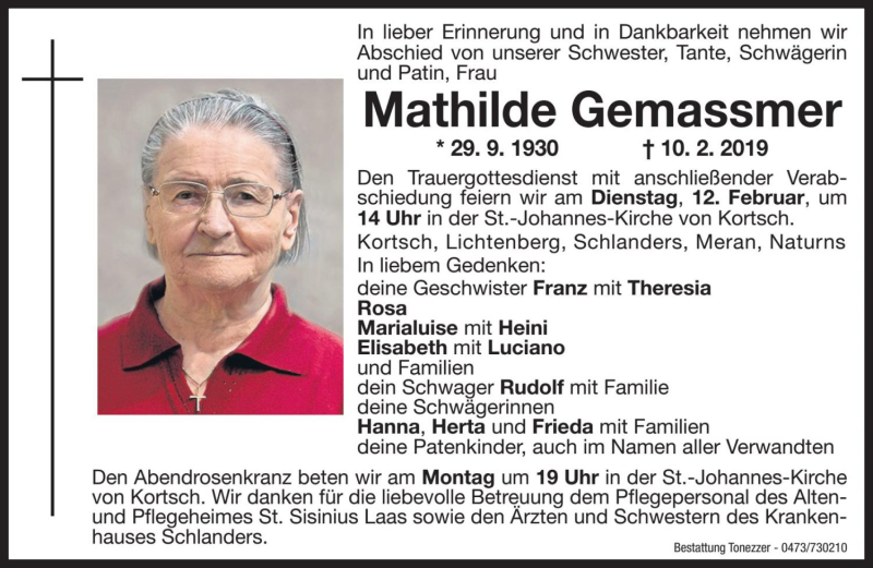  Traueranzeige für Mathilde Gemassmer vom 11.02.2019 aus Dolomiten