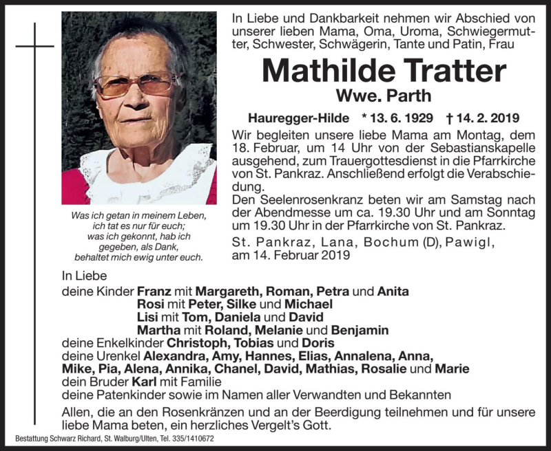  Traueranzeige für Mathilde Parth vom 16.02.2019 aus Dolomiten