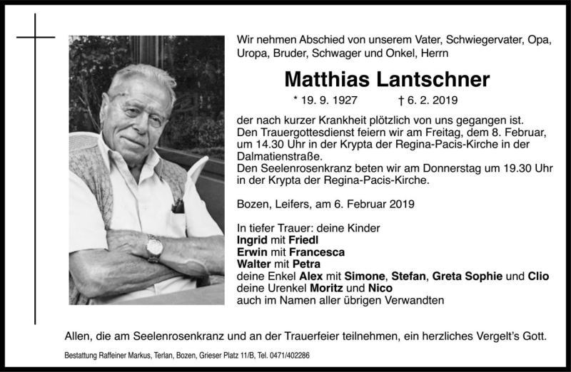  Traueranzeige für Matthias Lantschner vom 07.02.2019 aus Dolomiten