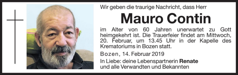 Traueranzeige für Mauro Contin vom 19.02.2019 aus Dolomiten