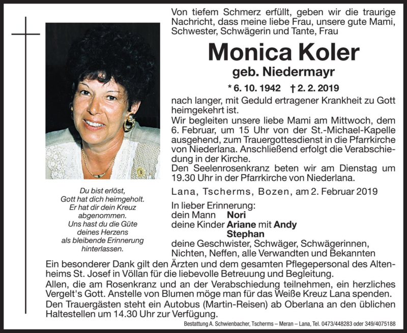  Traueranzeige für Monica Koler vom 04.02.2019 aus Dolomiten