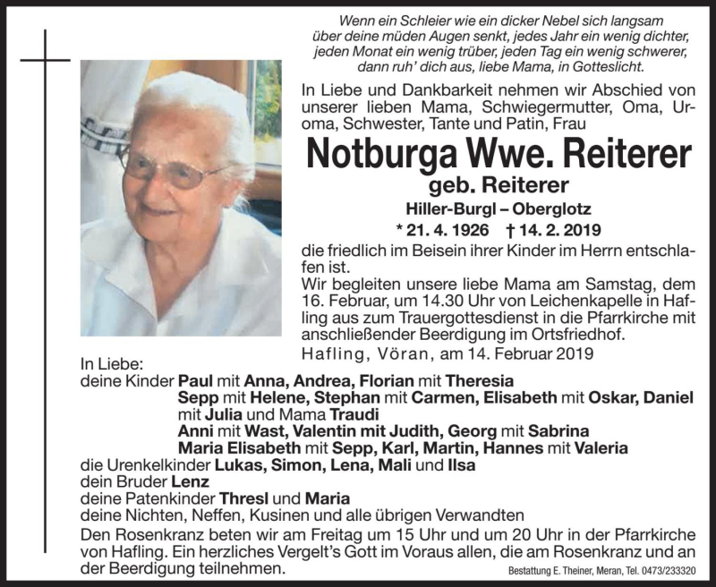  Traueranzeige für Notburga Reiterer vom 15.02.2019 aus Dolomiten