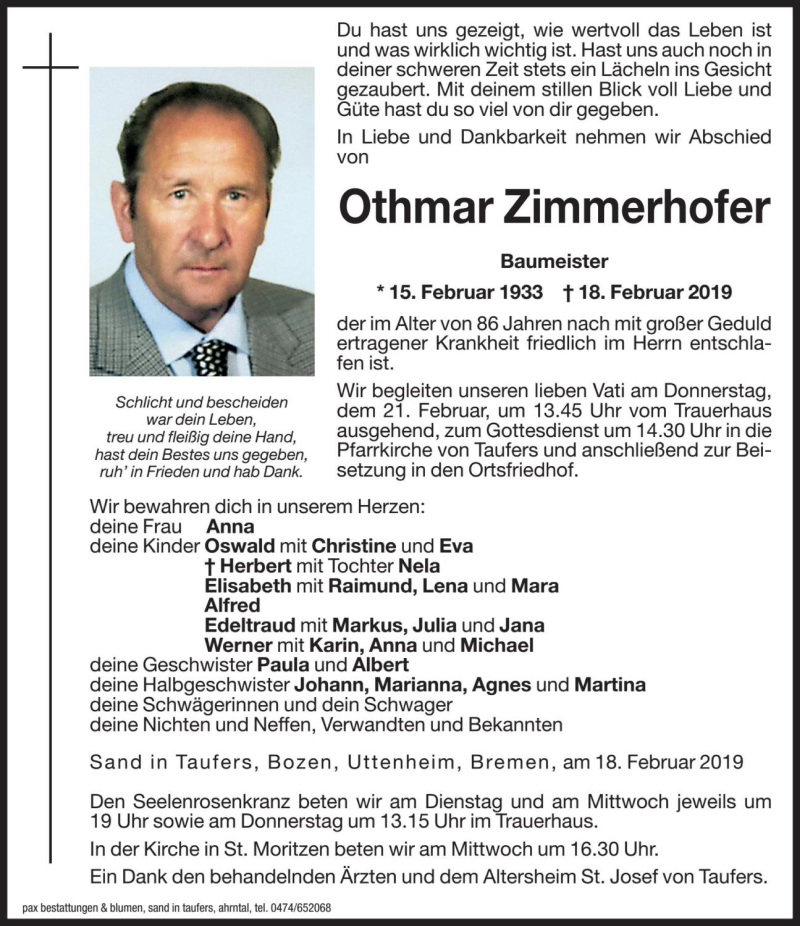  Traueranzeige für Othmar Zimmerhofer vom 19.02.2019 aus Dolomiten