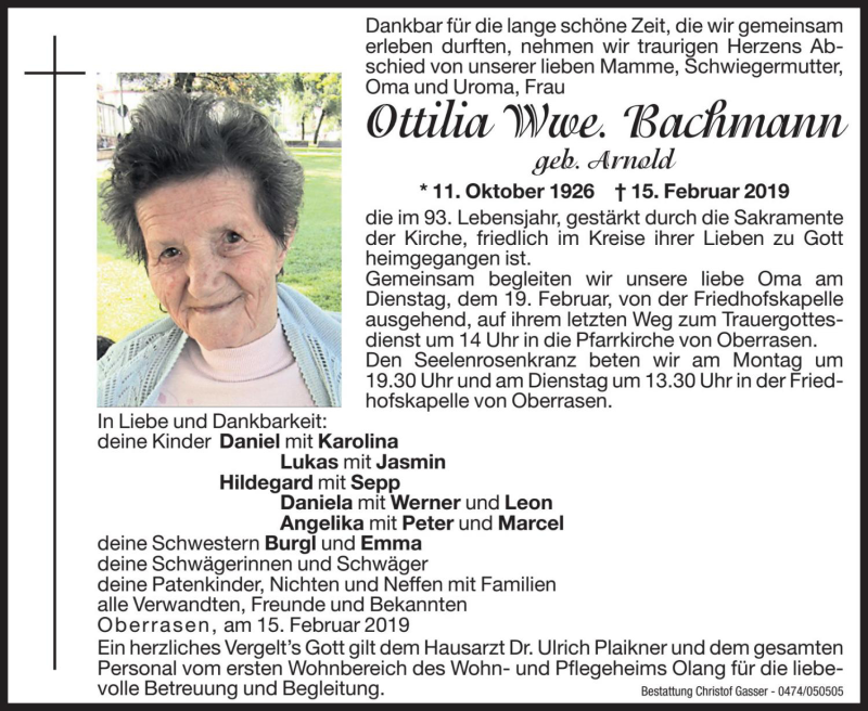  Traueranzeige für Ottilia Bachmann vom 18.02.2019 aus Dolomiten