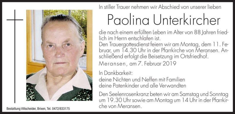 Traueranzeige für Paolina Unterkircher vom 09.02.2019 aus Dolomiten