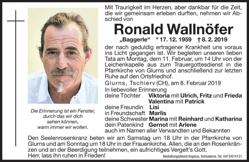  Traueranzeige für Ronald Wallnöfer vom 09.02.2019 aus Dolomiten