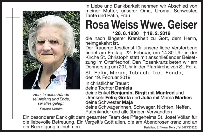  Traueranzeige für Rosa Geiser vom 20.02.2019 aus Dolomiten