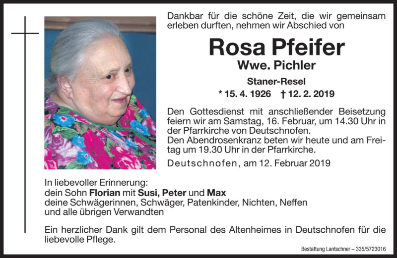  Traueranzeige für Rosa Pichler vom 14.02.2019 aus Dolomiten