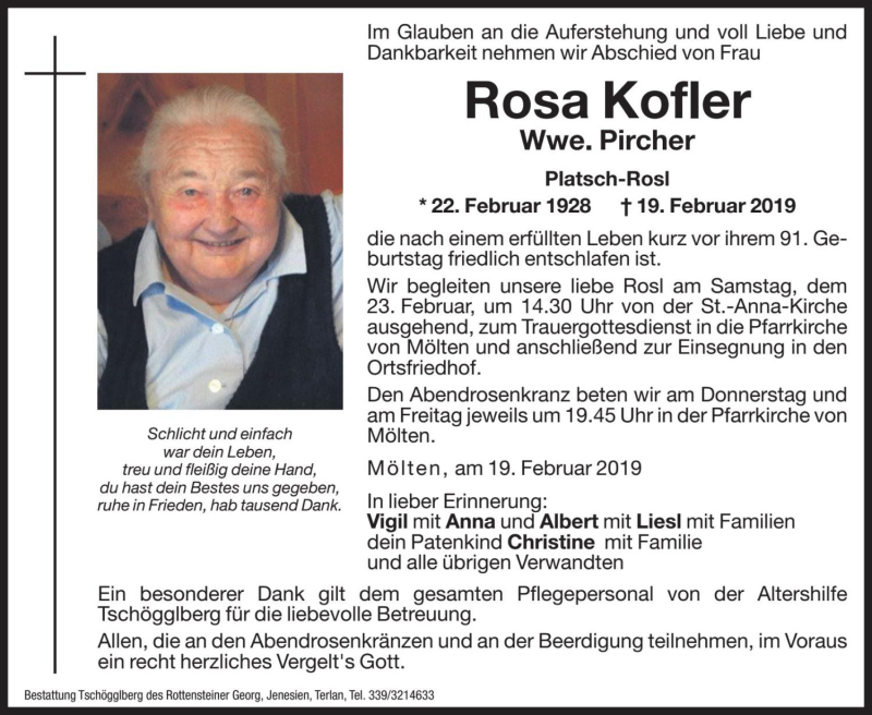  Traueranzeige für Rosa Pircher vom 21.02.2019 aus Dolomiten