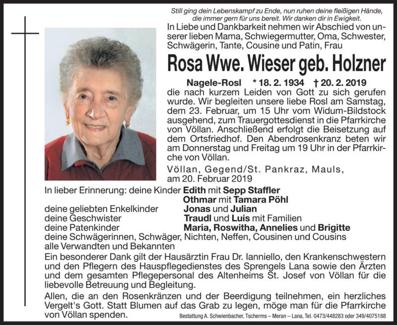  Traueranzeige für Rosa Wieser vom 21.02.2019 aus Dolomiten