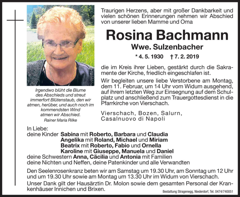  Traueranzeige für Rosina Sulzenbacher vom 09.02.2019 aus Dolomiten