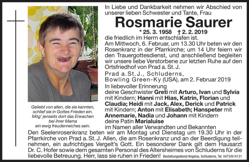  Traueranzeige für Rosmarie Saurer vom 04.02.2019 aus Dolomiten
