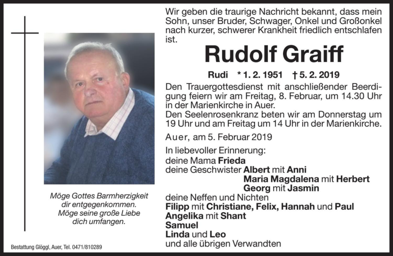  Traueranzeige für Rudolf Graiff vom 07.02.2019 aus Dolomiten